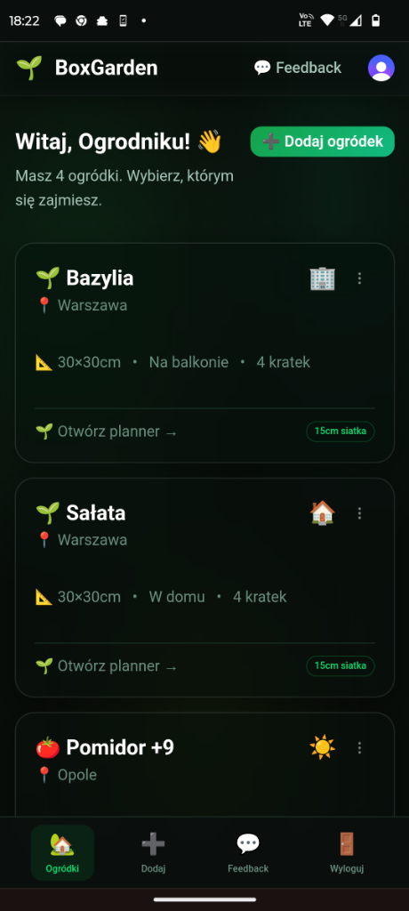 Panel główny — Twoje ogródki