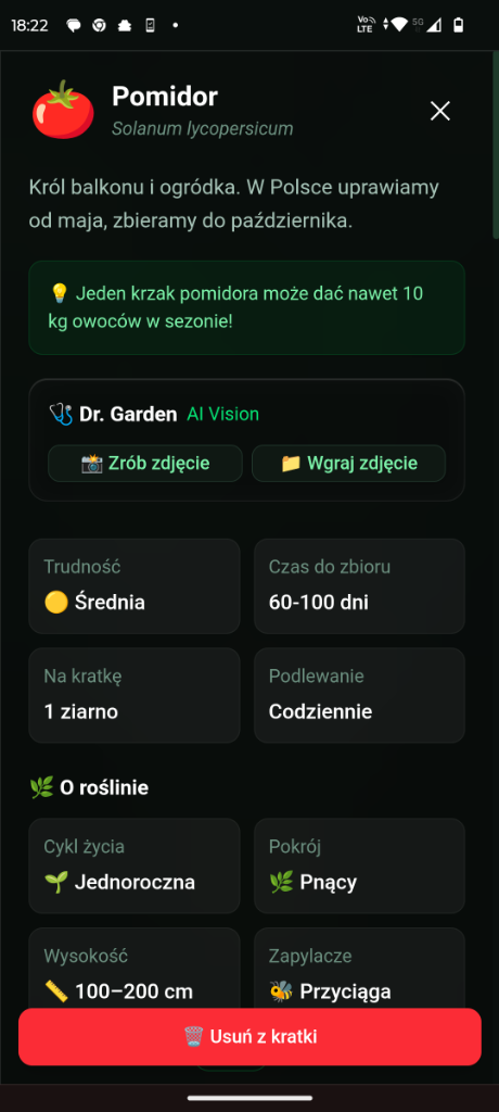 Szczegóły rośliny i Dr. Garden AI